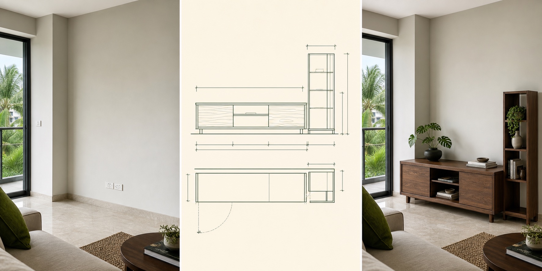 Condo wall concept shown before, as a two-dimensional line drawing and as a rendered walnut console