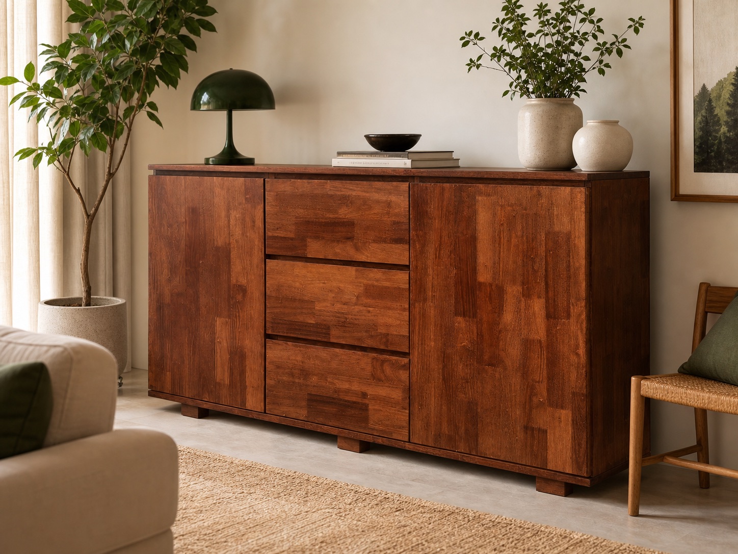 Wide solid-wood console with cupboards and drawers in a styled living room
