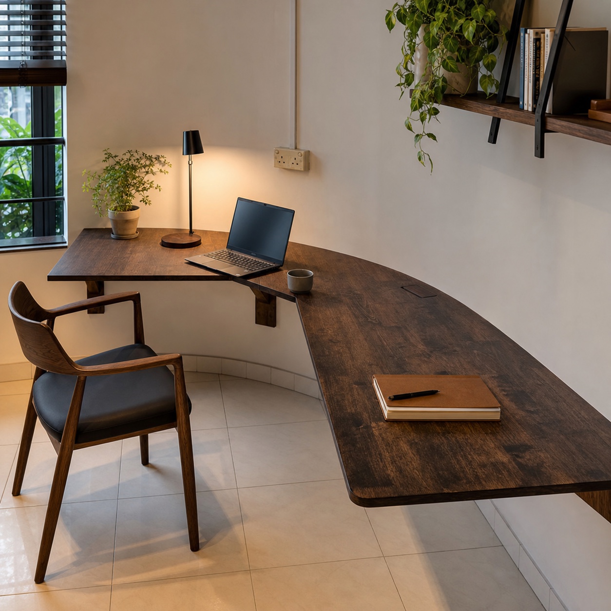 Wall-mounted curved walnut desk following an unusual corner in a lived-in home office