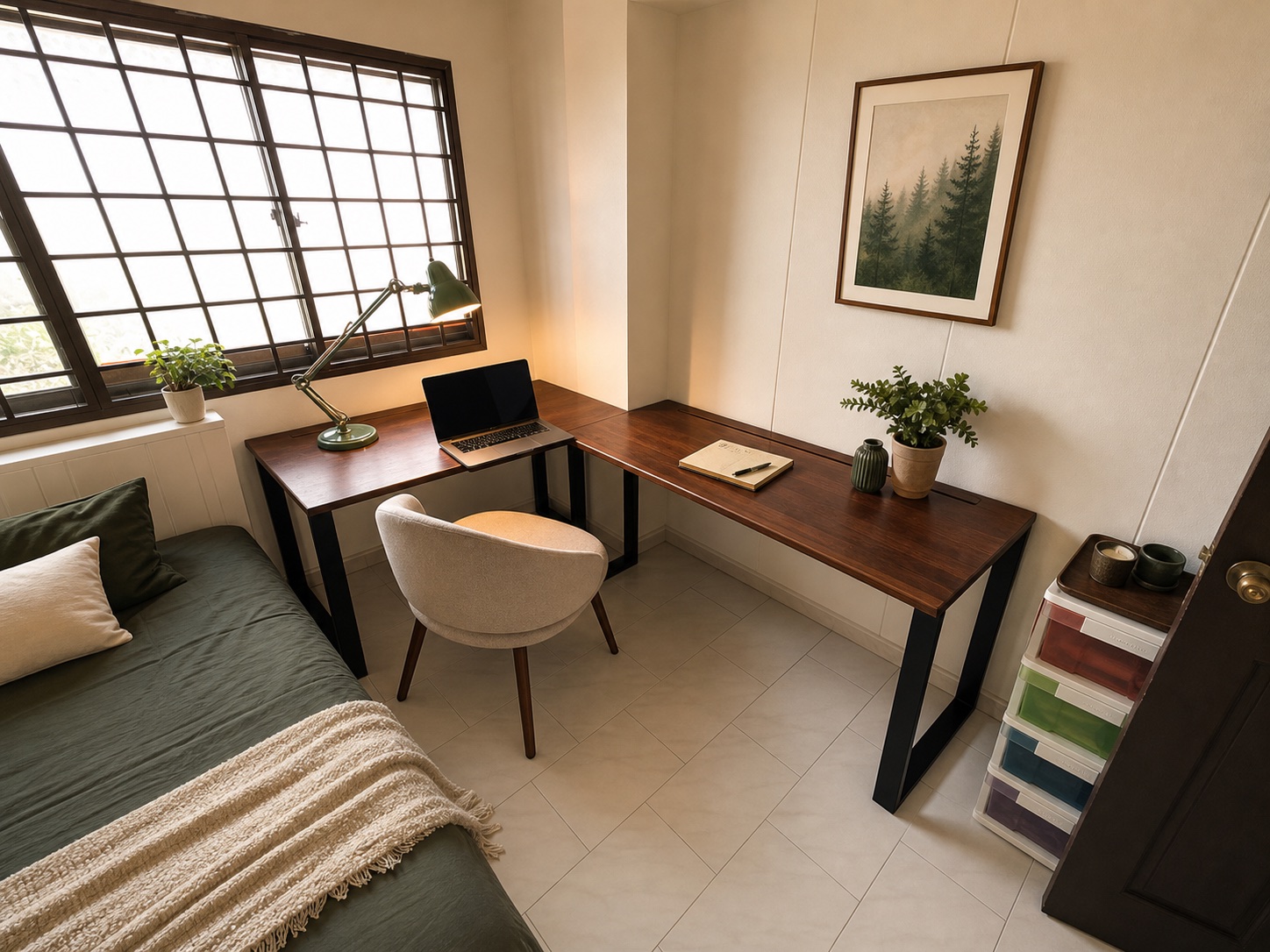 L-shaped walnut desk creating a workspace beside a bed