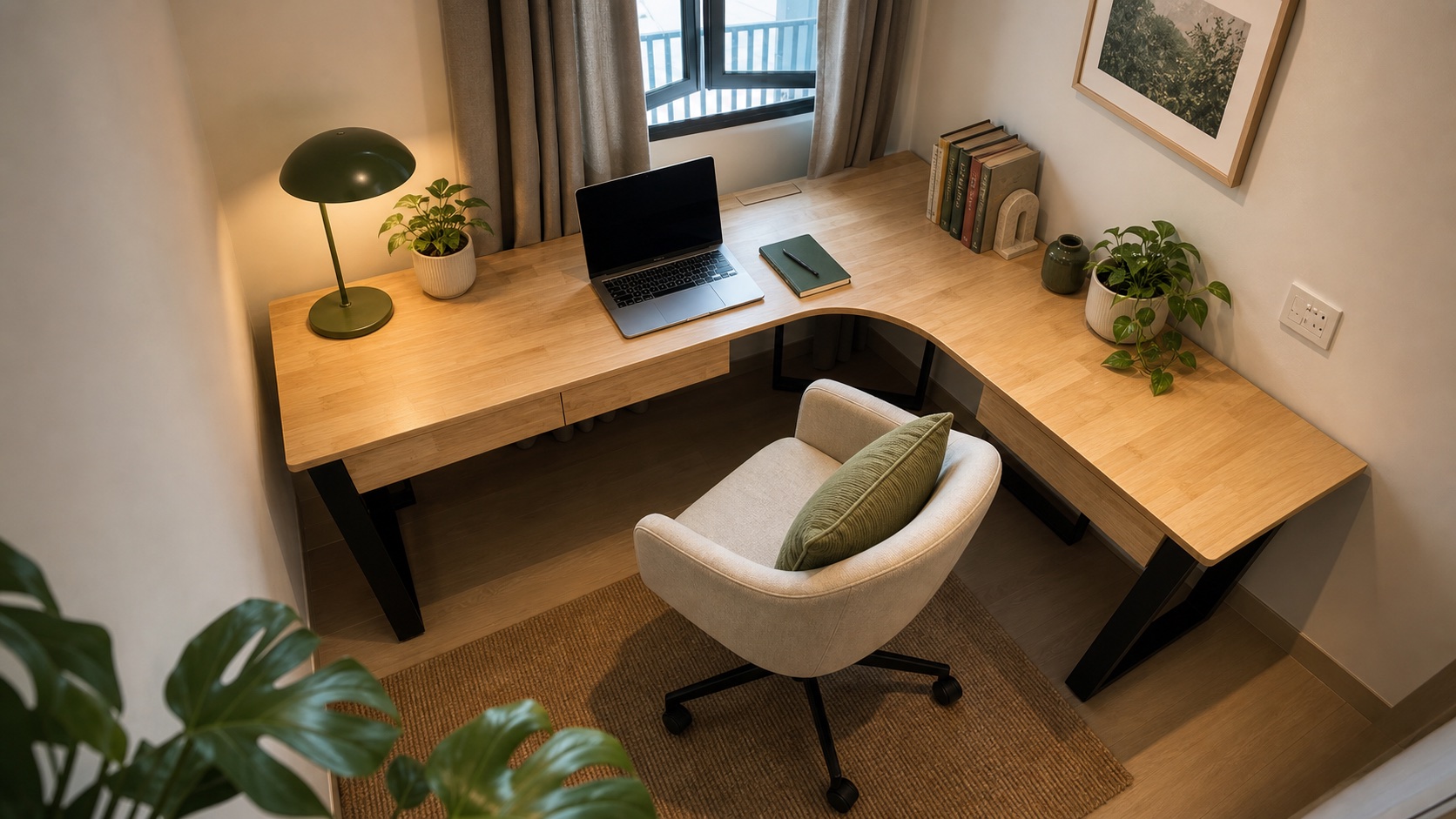 Natural wood L-shaped desk fitted into a compact home-office corner