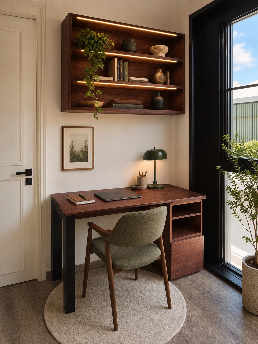 Compact study desk with illuminated shelves beside a window