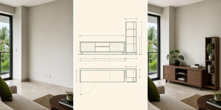 Condo wall concept shown before, as a two-dimensional line drawing and as a rendered walnut console