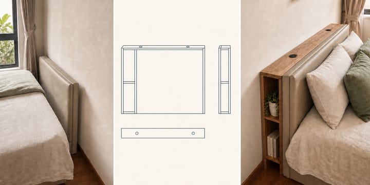 Hidden storage shelving concept shown before, as a two-dimensional drawing and as a finished teak bedside storage piece