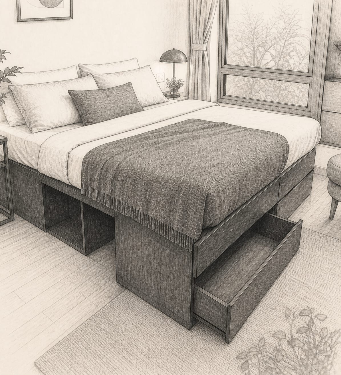 Illustrative architectural concept of a custom storage bed with open cubbies and deep pull-out drawers