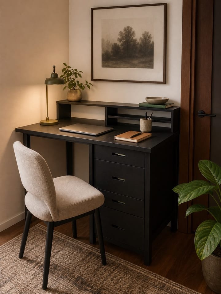 Compact black study desk with drawers and raised storage in a small home-office nook