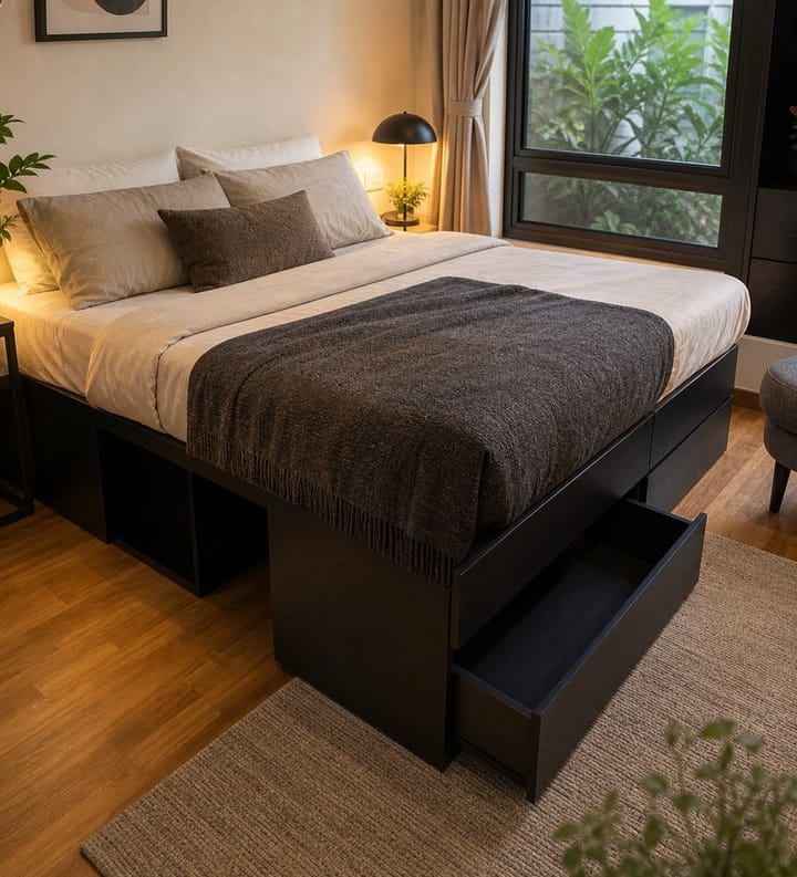 Architectural storage-bed concept becoming the completed dark timber bed with open cubbies and two deep pull-out drawers