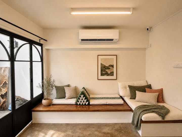 Fitted corner bench with storage drawers beside a bright window
