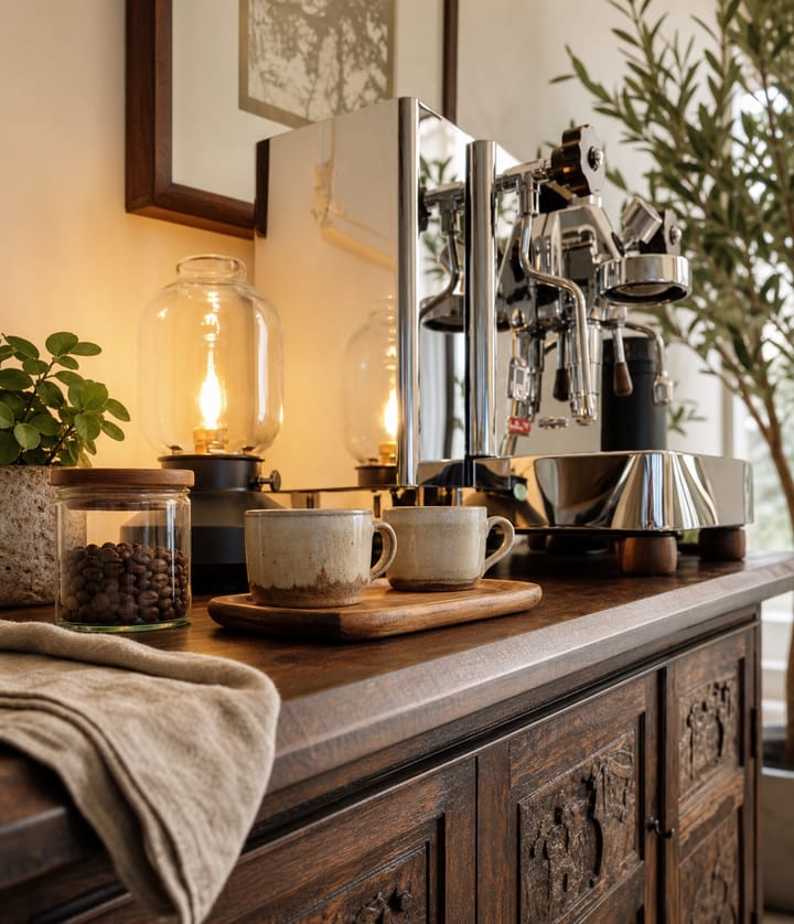 Custom dark-wood espresso cabinet arranged around a home coffee setup