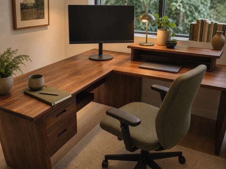 L-shaped walnut executive desk fitted into a bright home-office corner