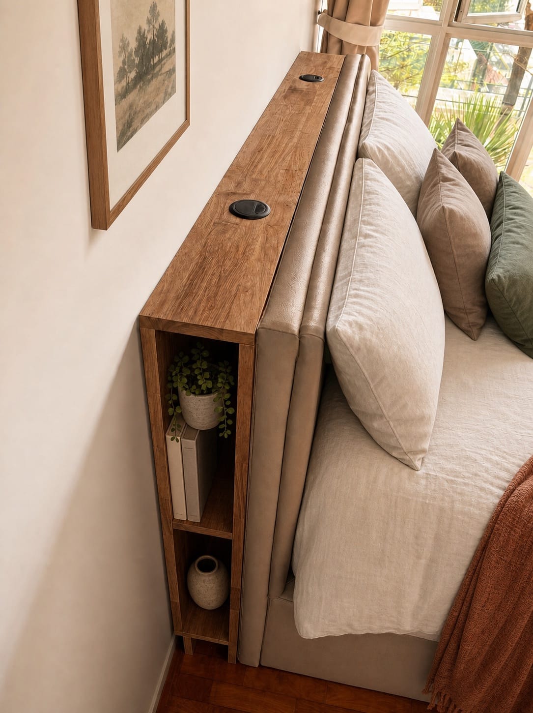 Slim storage behind the bed