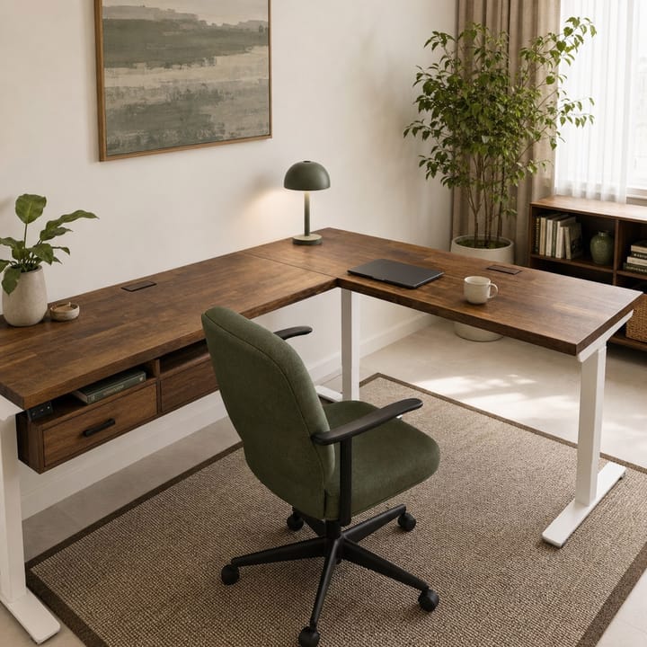 Height-adjustable L-shaped walnut desk arranged as a comfortable home office