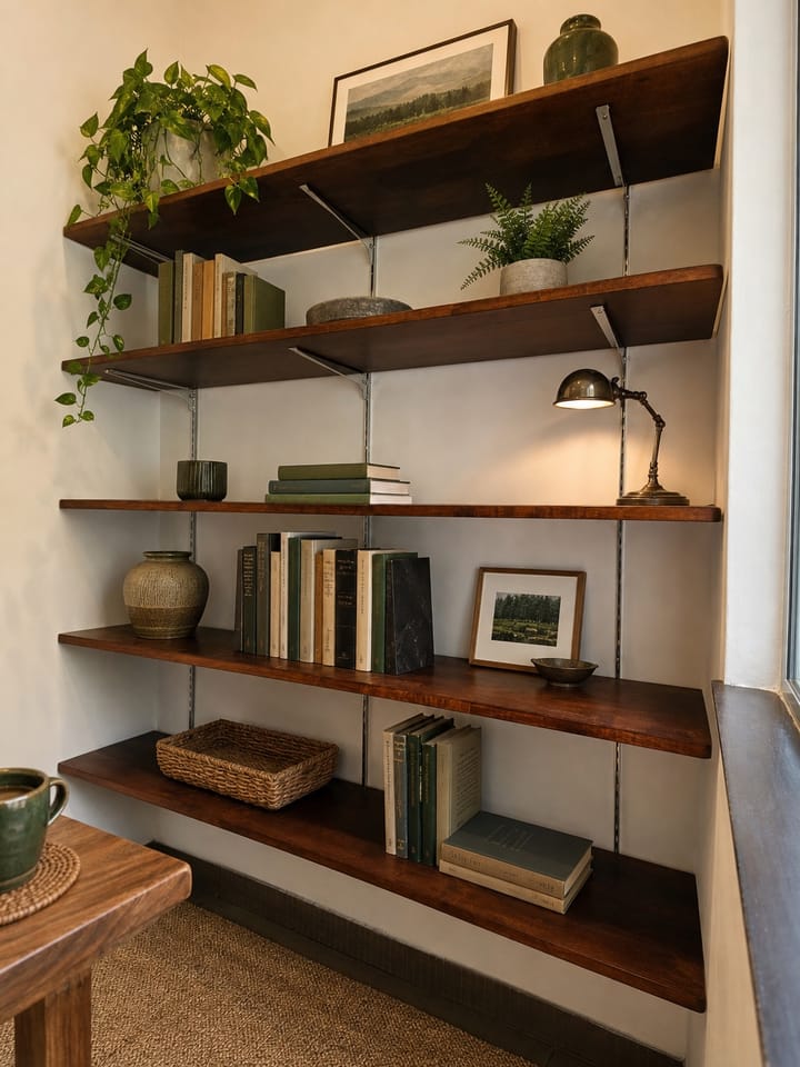 Five long walnut shelves styled with books, plants and objects beside a window