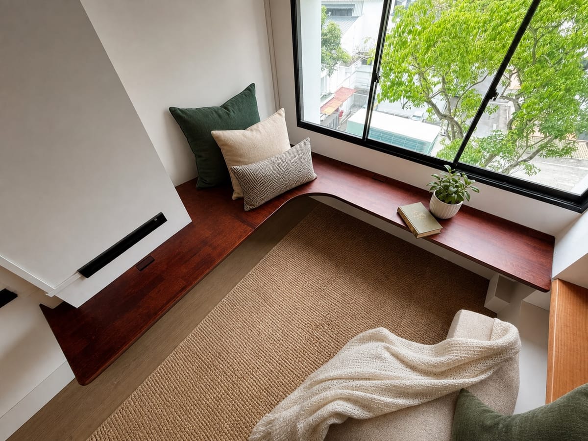 Maroon bay-window bench