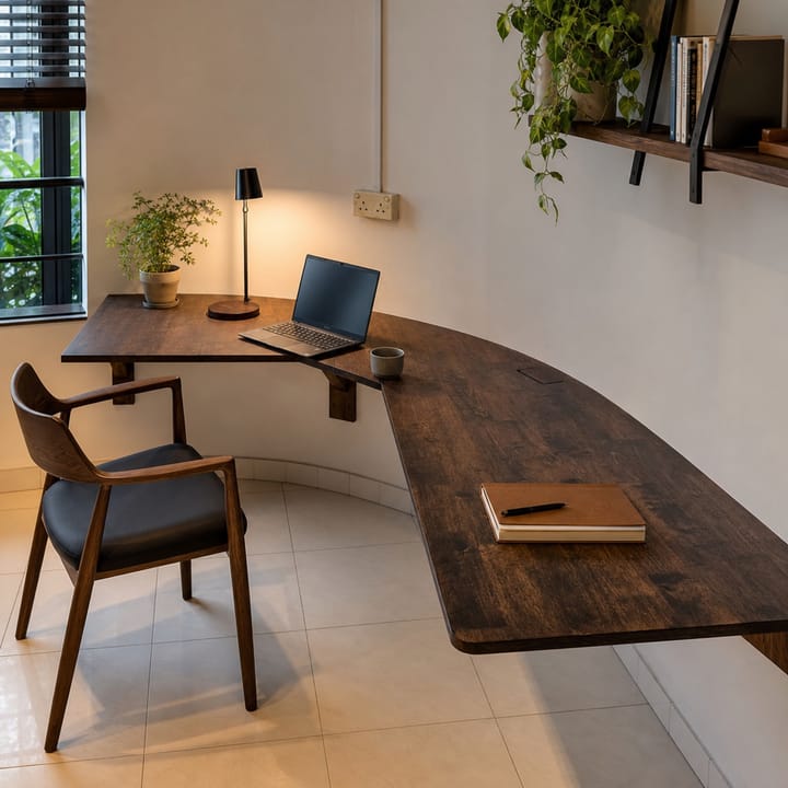 Wall-mounted curved walnut desk following an unusual corner in a lived-in home office