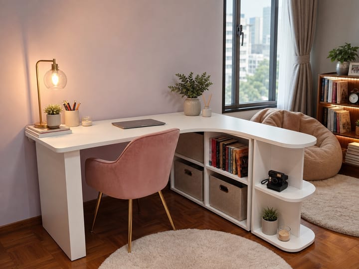 Curved white study desk fitted into an unusual corner beside a Singapore apartment window