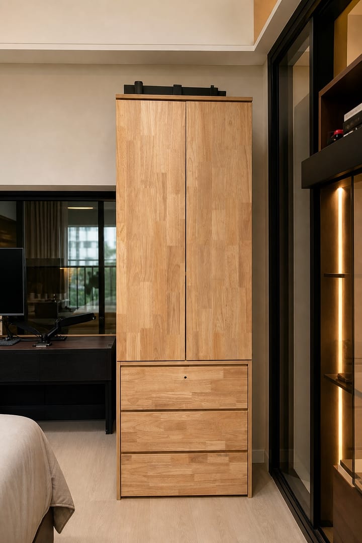 Tall natural-wood storage cabinet fitted into a narrow bedroom space