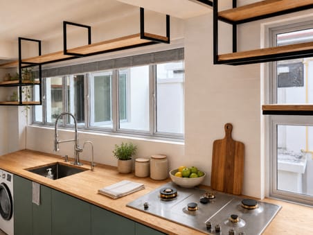 Kitchen worktop and open shelves