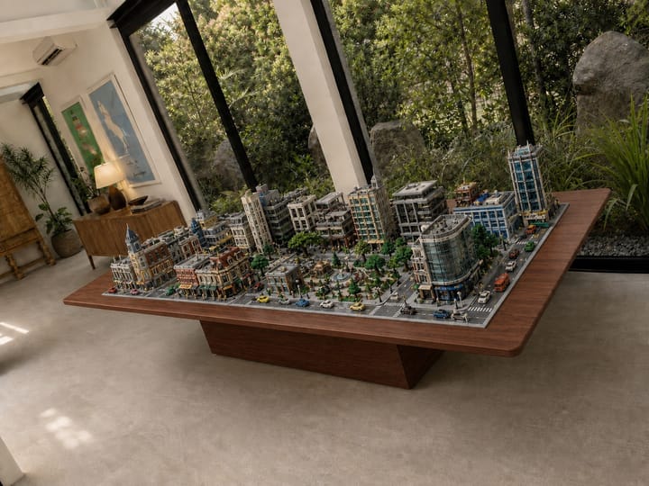 Mahogany-stained solid-wood display table built for a LEGO city collection