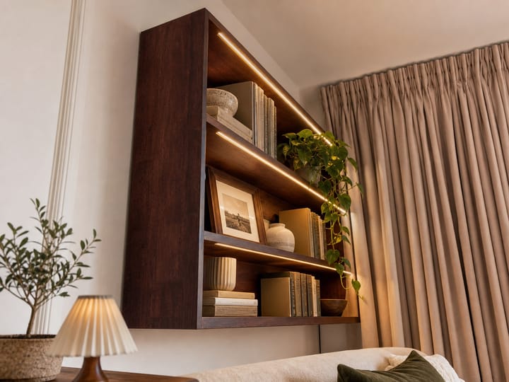 Illuminated solid-wood wall shelves displaying books and decor