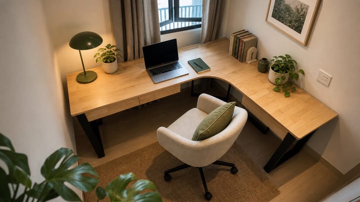 Natural wood L-shaped desk fitted into a compact home-office corner