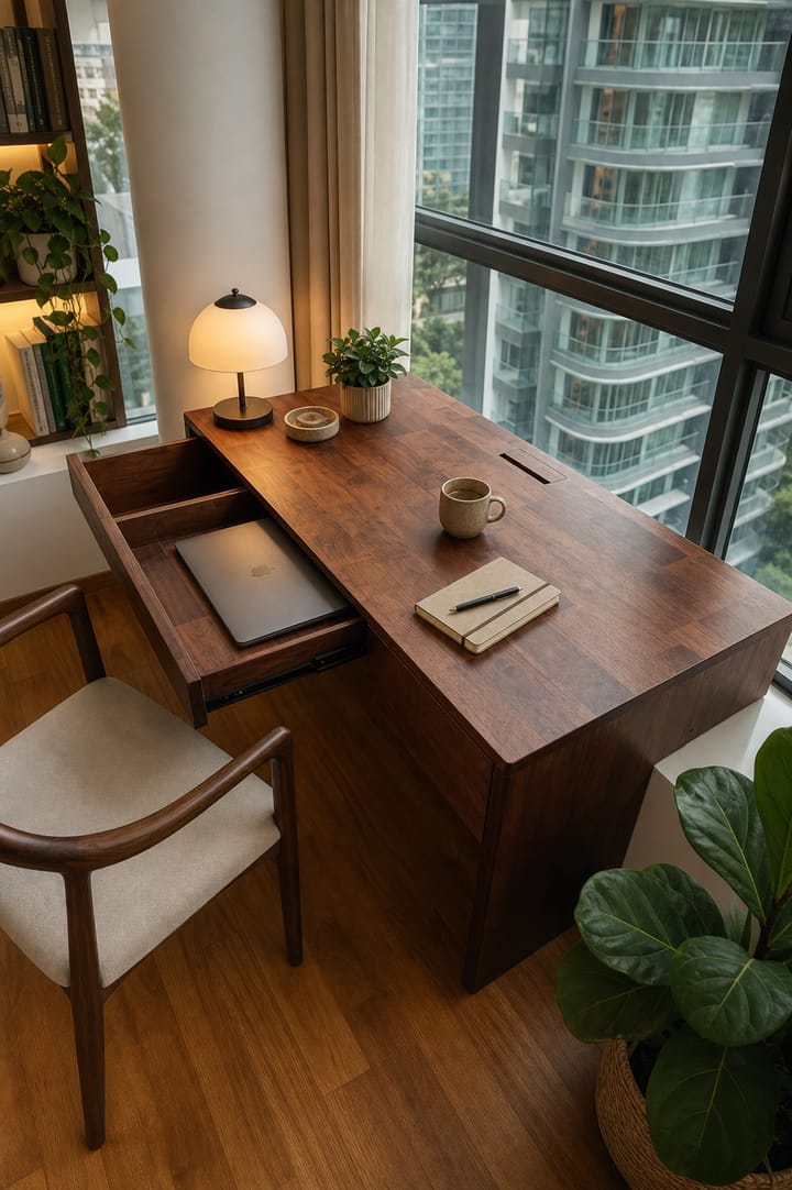 Walnut desk built over a window ledge with concealed pull-out storage