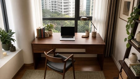 Full-width walnut desk built over a window ledge in a Singapore home