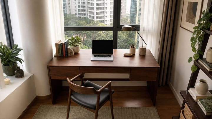 Full-width walnut desk built over a window ledge in a Singapore home