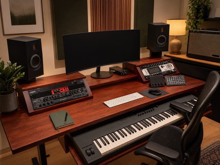 Custom solid-wood music studio desk arranged around recording equipment in a lived-in room