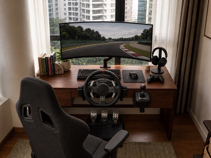 Solid-wood gaming desk positioned partly over a bedroom window ledge to maximise space in a Singapore condo.