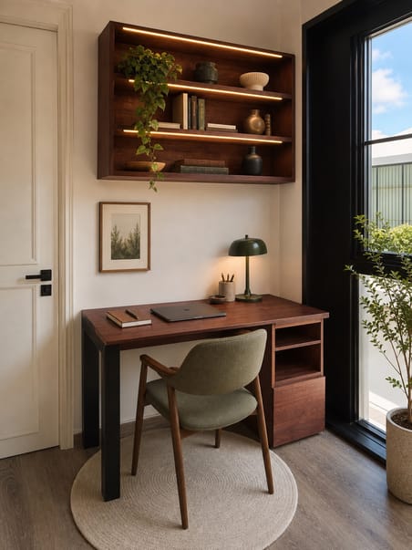 Study desk with lit shelves