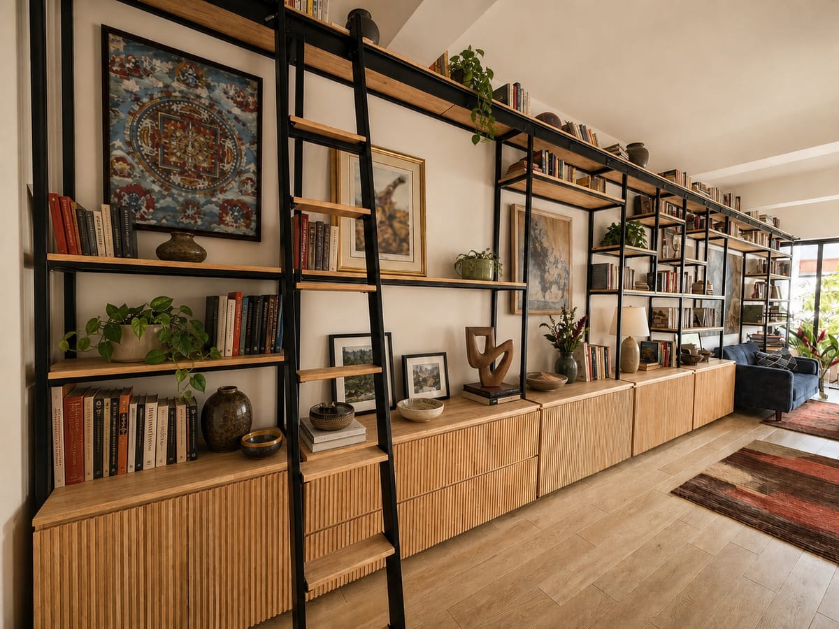 Wall-length library and storage
