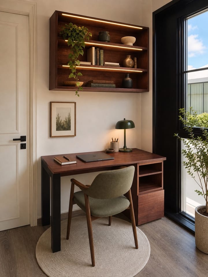Compact walnut study desk beneath illuminated wall shelves beside a window