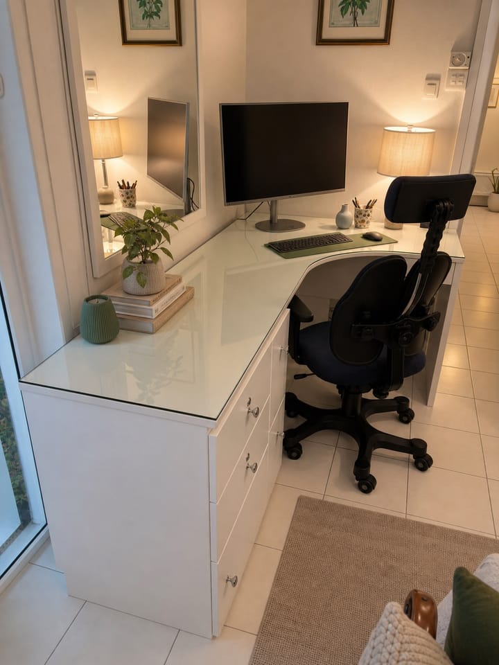 White custom corner desk with drawers, vanity area and computer workspace designed to maximise a bedroom corner.