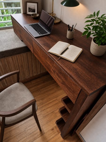 Window-ledge desk with hidden storage