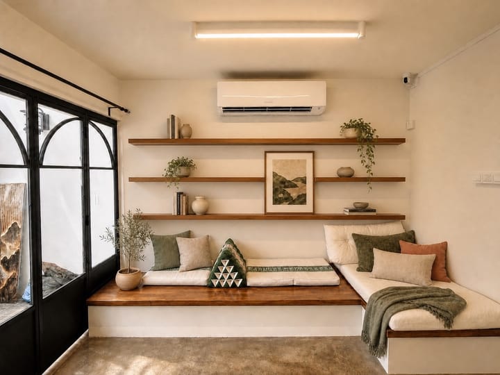 L-shaped window seat beneath three long floating shelves in a bright Singapore room