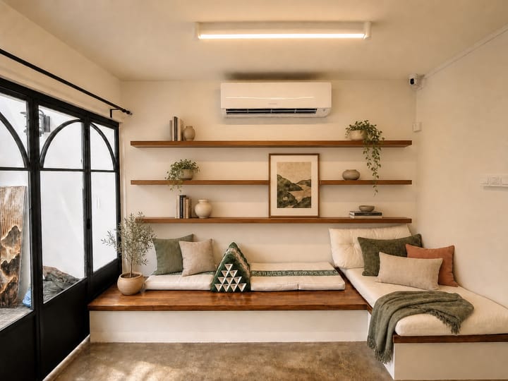 L-shaped wooden window seat beneath three floating solid-wood shelves in a lived-in Singapore room