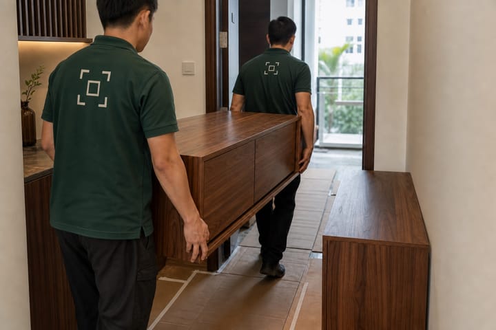 Two Custom Fit installers carrying a walnut cabinet through an apartment doorway, with the company icon printed on their shirts