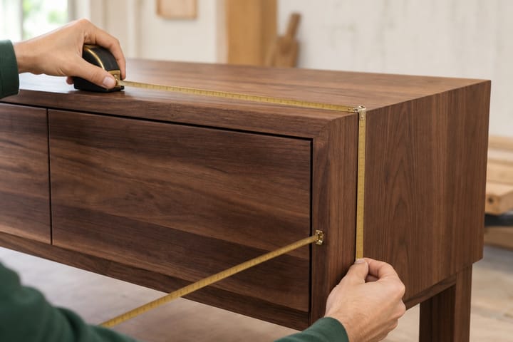A walnut cabinet being measured across its length, width and depth
