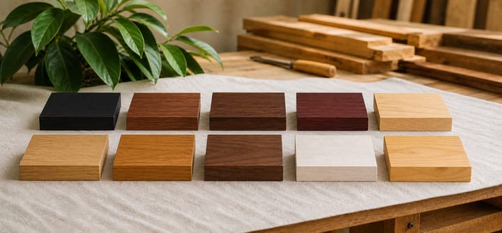 Ten solid Hevea wood sample blocks showing black, dark Nyatoh, mahogany, maroon, natural, oak, teak, walnut, white and yellow pitch pine stains