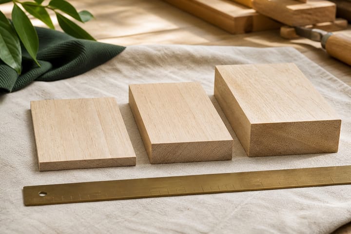 Wood blocks showing the different thicknesses available for custom furniture