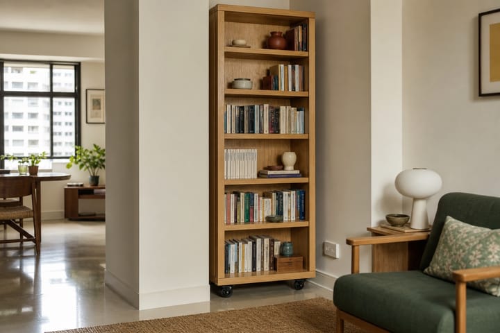 Oak bookshelf fitted neatly between a wall and a structural column