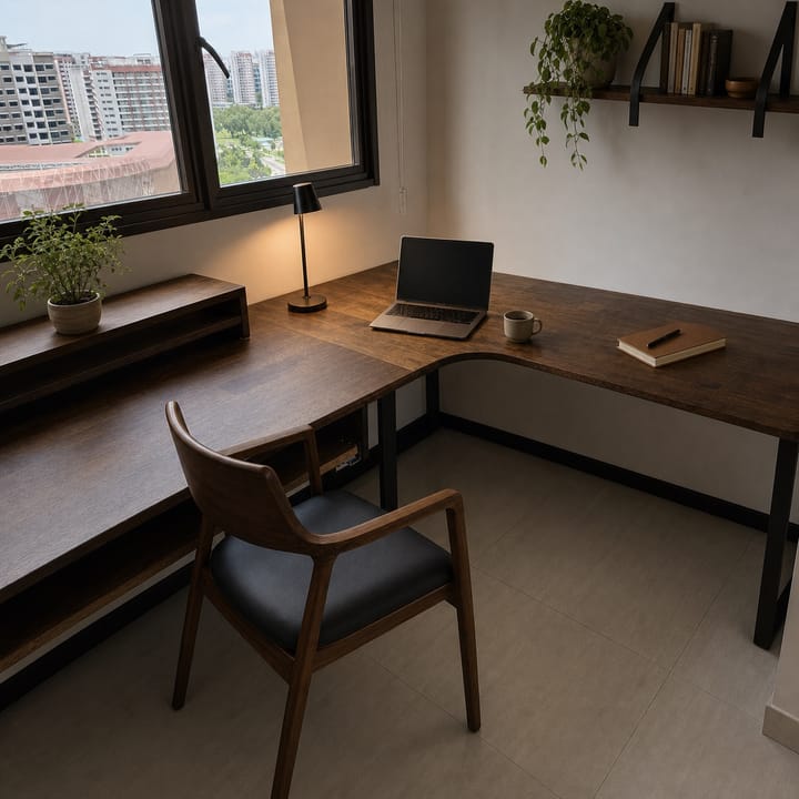 Wide view of a curved dark-stained wooden desk fitted around a window-side corner in a Singapore home office