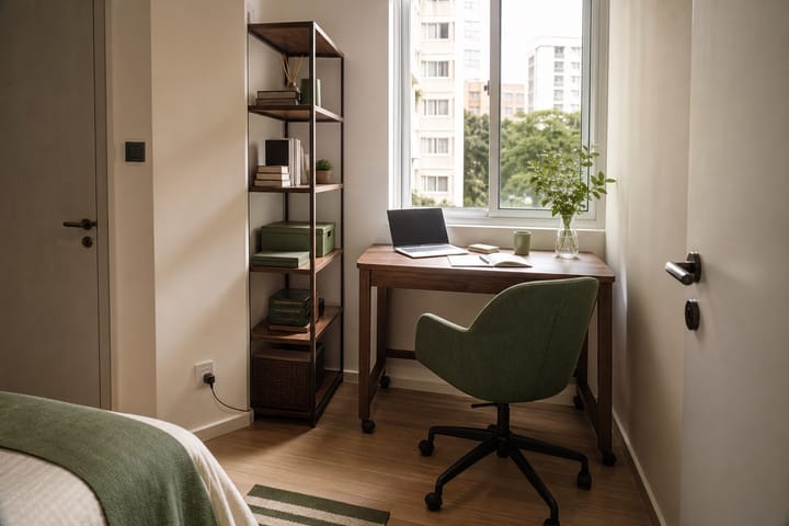 Compact walnut study desk fitted beside a bedroom window