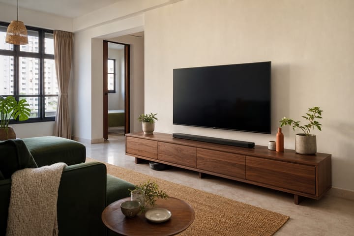 Long walnut TV console proportioned to a wide Singapore living-room wall