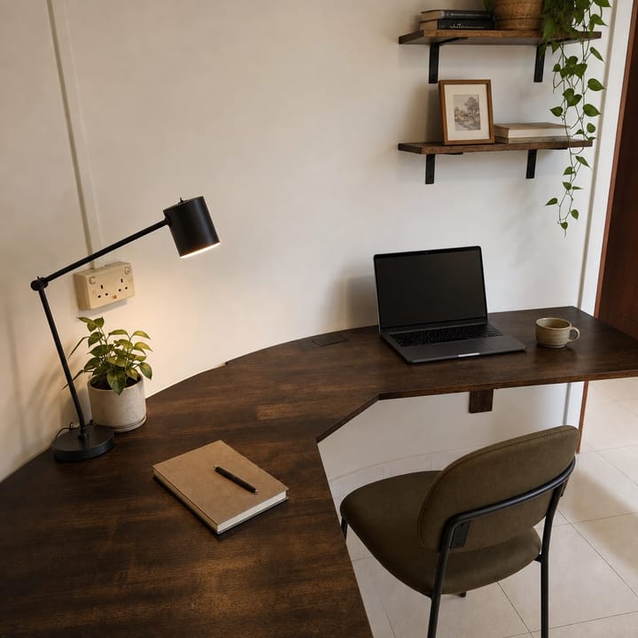Lived-in home office with a wall-mounted curved wooden desk fitted precisely along an unusual wall