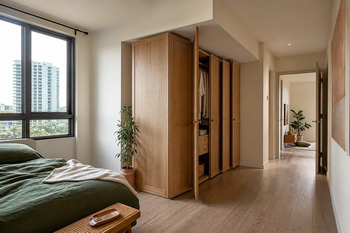 Oak wardrobe fitted beneath a lowered bedroom ceiling