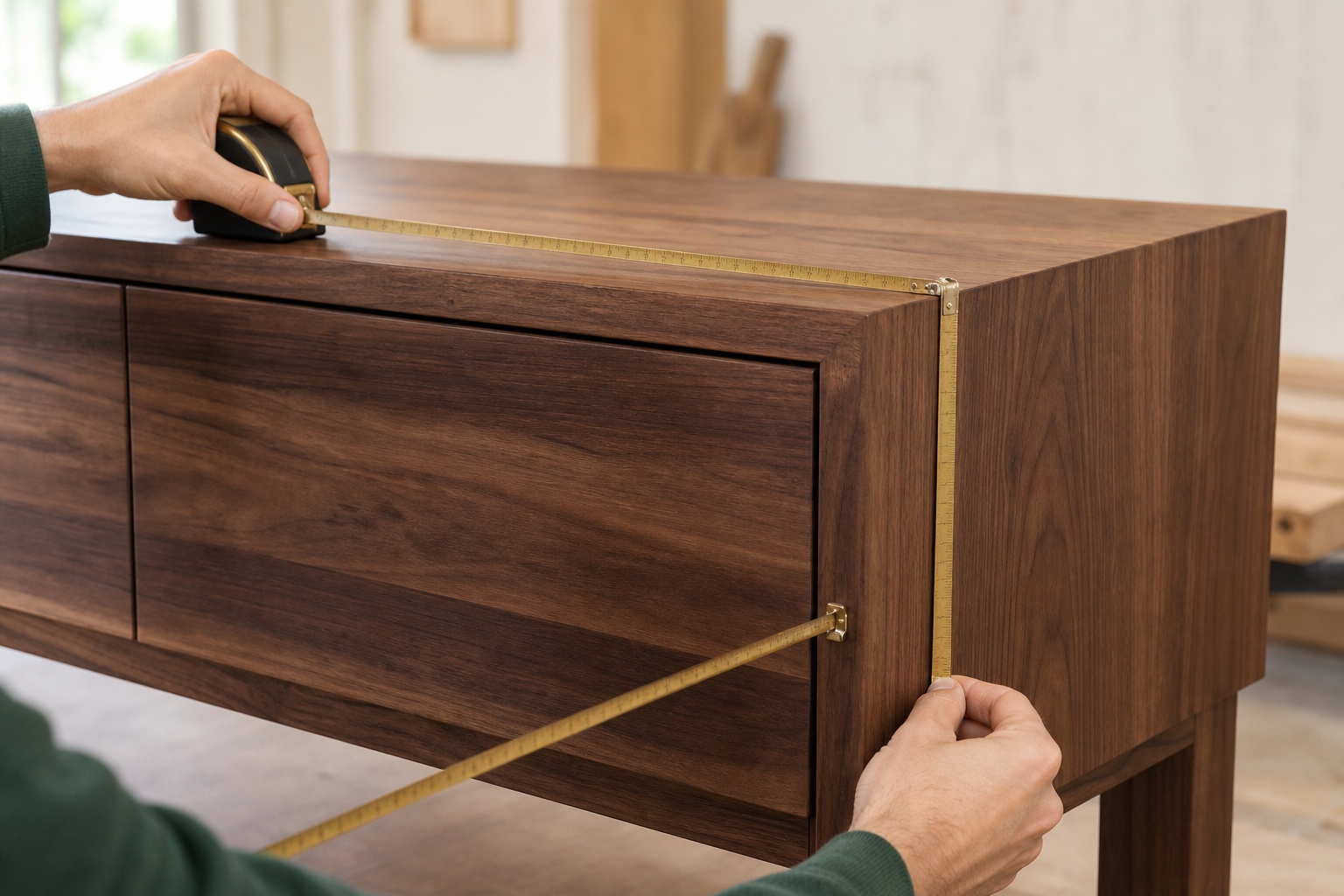 A walnut cabinet being measured across its length, width and depth