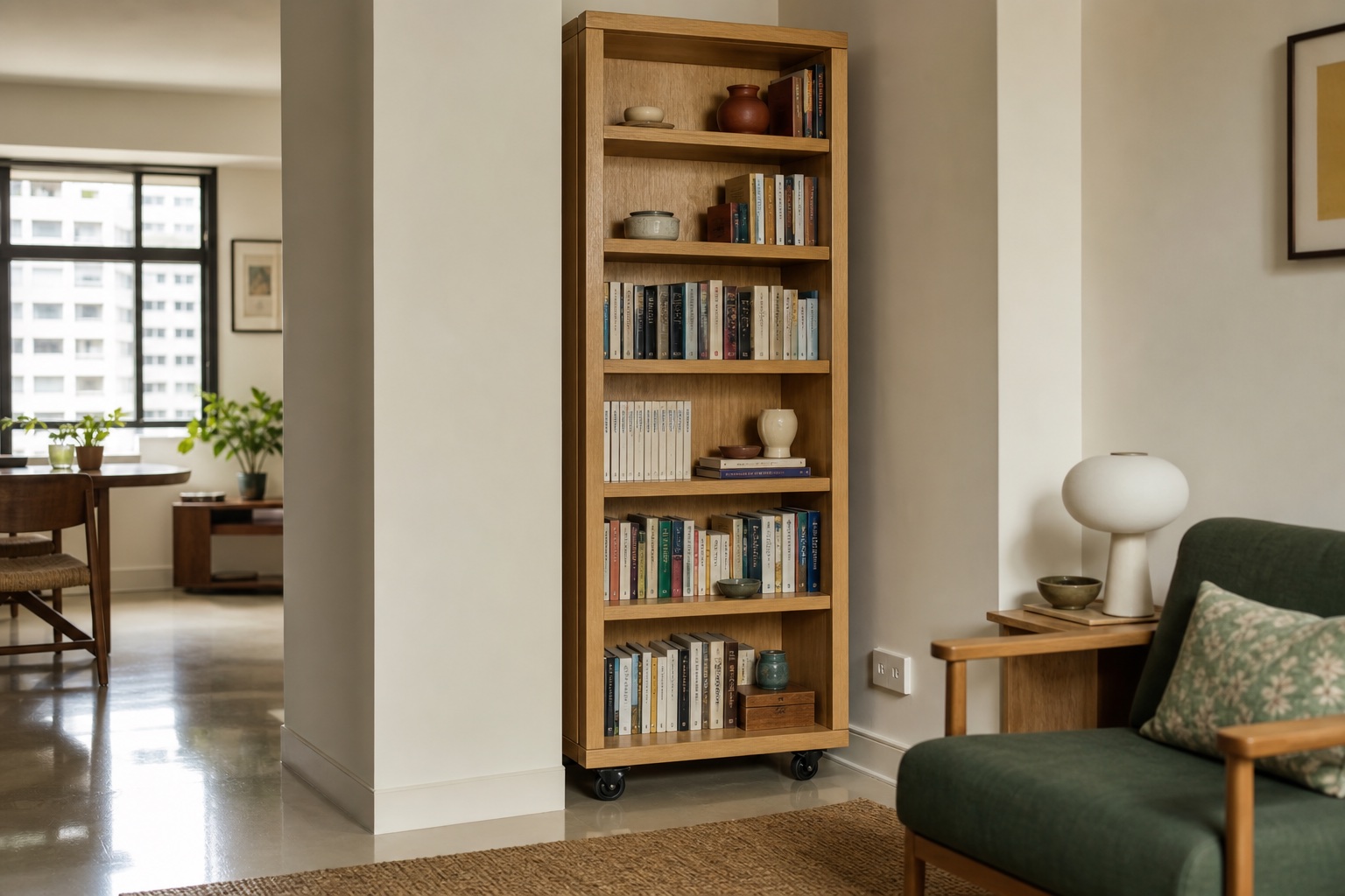 Movable oak bookshelf fitted neatly between a wall and structural column
