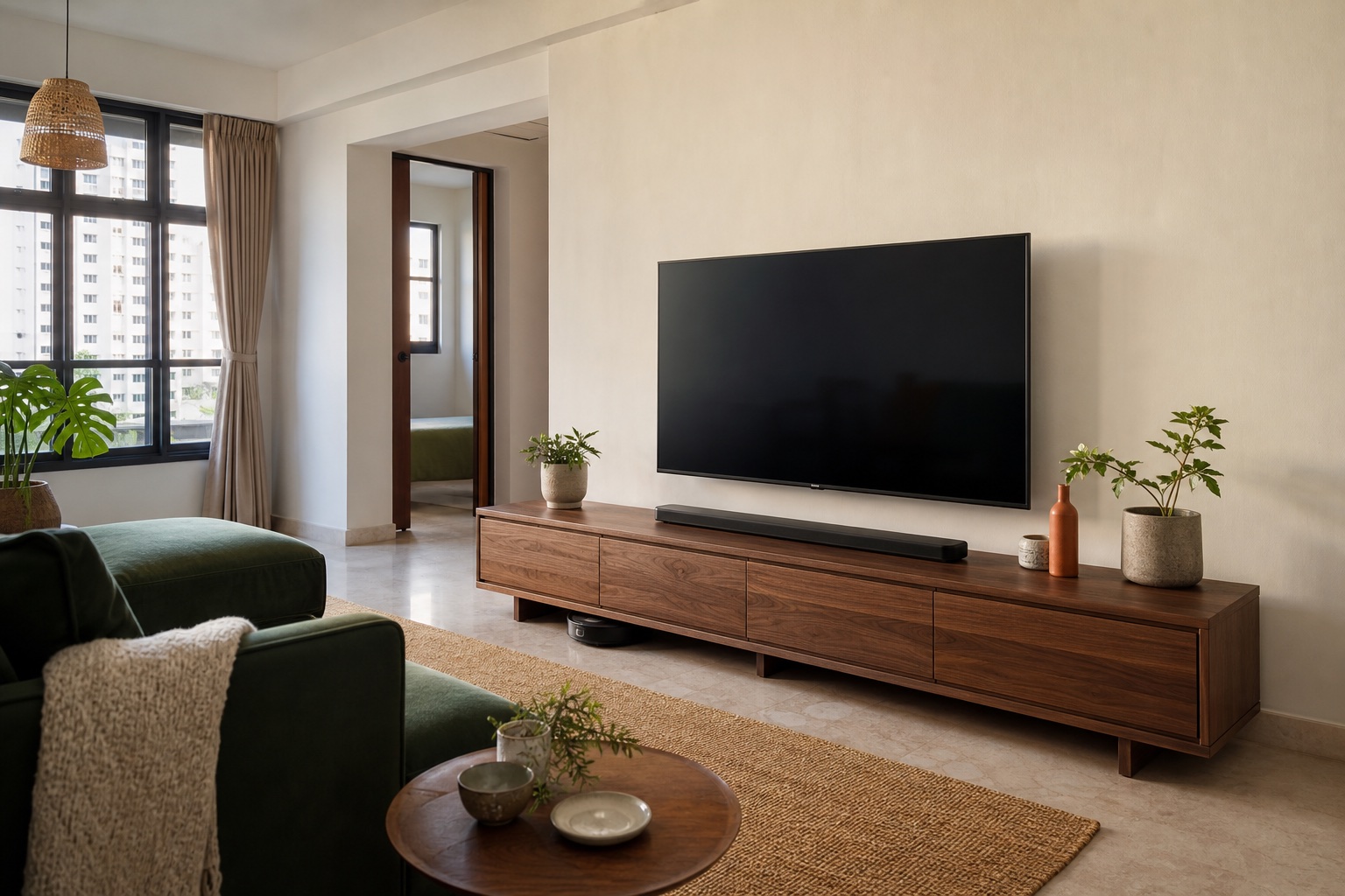 Long walnut TV console proportioned to a wide Singapore living-room wall